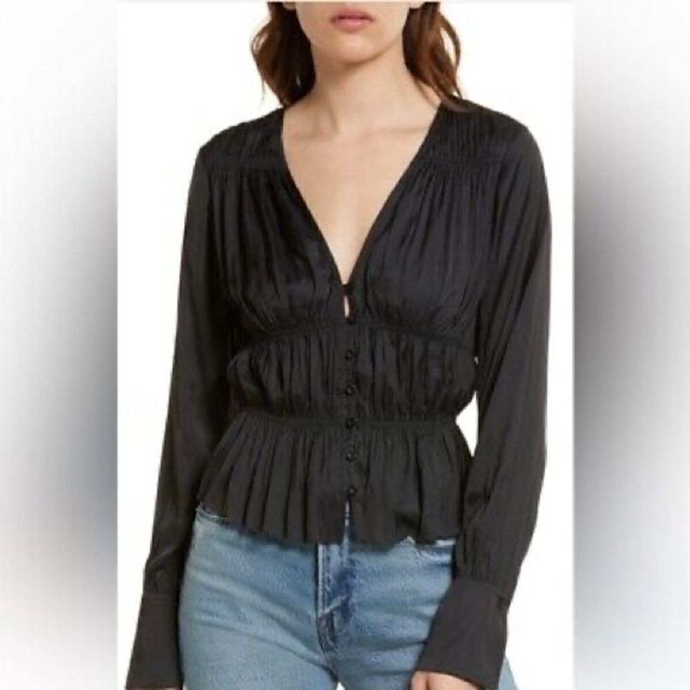 Frame Shirred Black VNeck Blouse NWT Medium